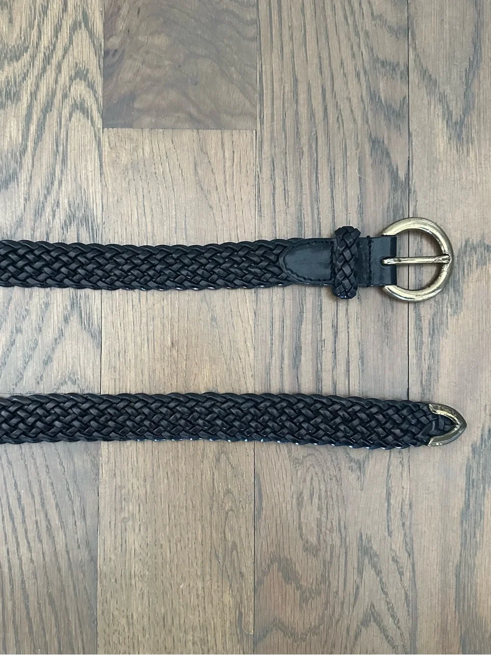 Vintage Talbots Narrow Braided Leather Belt Solid Brass Round Buckle Black Large